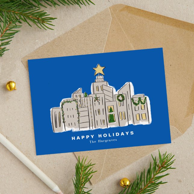 Cartão de Natal Corporativo Skyline de Cidade Azul (Blue City Skyline Illustration Corporate Christmas Card)