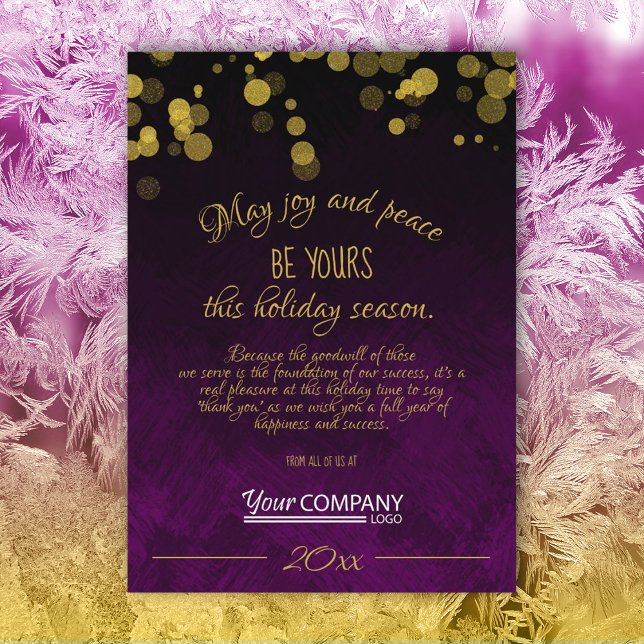 Cartão de Natal da Empresa Dourado, Preto, Violeta (dark plum purple violet gold shimmer lights gold script text company holiday christmas cards w/logo)