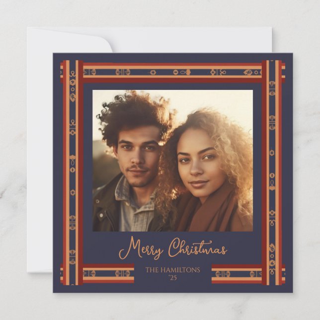 Cartão de Natal da Faixa de Fita Xadrez Azul marin (Frente)