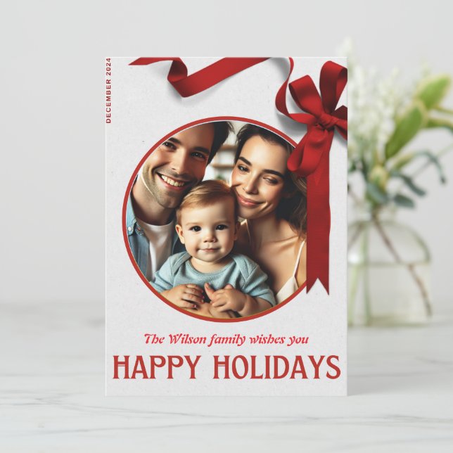 Cartão de Natal da Família com Alegria de Fita Ver (Em pé/Frente)