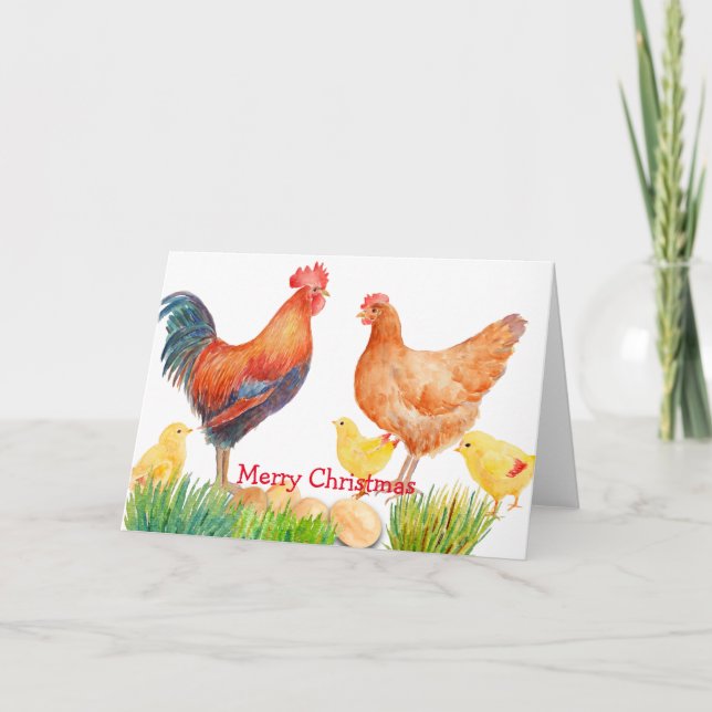 Cartão de Natal da Família de Frango com Aquarela (Frente)