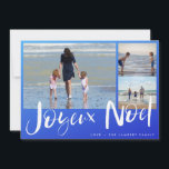 Cartão de Natal da Família Joyeaux Noel Beach<br><div class="desc">Joyeux Noel Cartão de Natal francês numa praia ombre azul inspirada em três design de fotos. Personalizado com três das suas fotos e o nome da sua família. Este cartão de Natal de praia inverte-se para um design de stripe náutica azul e branca no verso.</div>