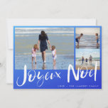 Cartão de Natal da Família Joyeaux Noel Beach<br><div class="desc">Joyeux Noel Cartão de Natal francês numa praia ombre azul inspirada em três design de fotos. Personalizado com três das suas fotos e o nome da sua família. Este cartão de Natal de praia inverte-se para um design de stripe náutica azul e branca no verso.</div>