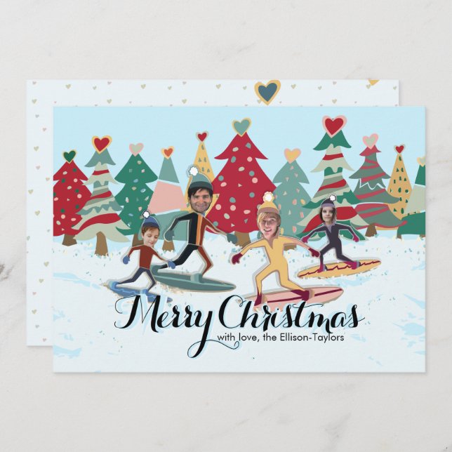 Cartão de Natal da Família Snowboard (Frente/Verso)