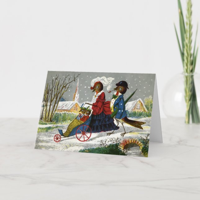 Cartão de Natal da Família Vintage Bird (Frente)