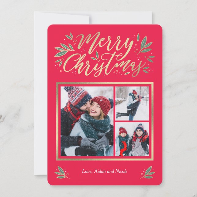 Cartão de Natal de 3 Fotos Seasonal Glow (Frente)
