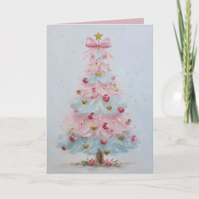 Cartão de Natal de Árvore de Natal de Pastel Rosa- (Frente)