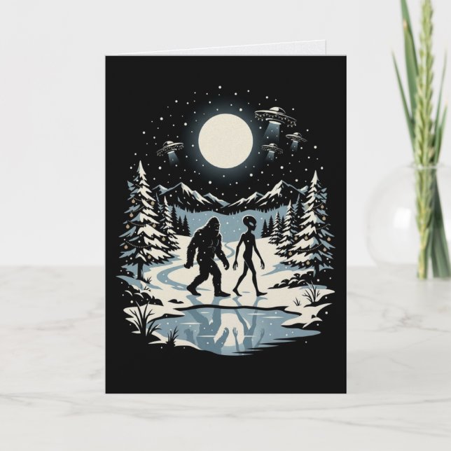 Cartão de Natal de Bigfoot Alien Criptídeo UFO Fer (Frente)