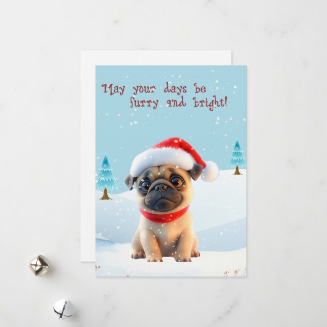 Cartão de Natal de Bonito Pug em Neve (Frente/Verso In Situ)