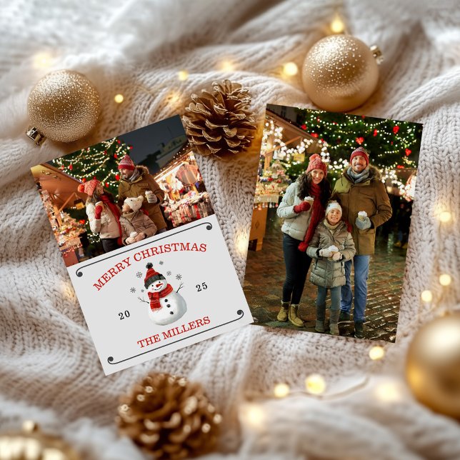 Cartão de Natal de Bonito Snowman (Cute Snowman Merry Christmas Custom Photo Card)