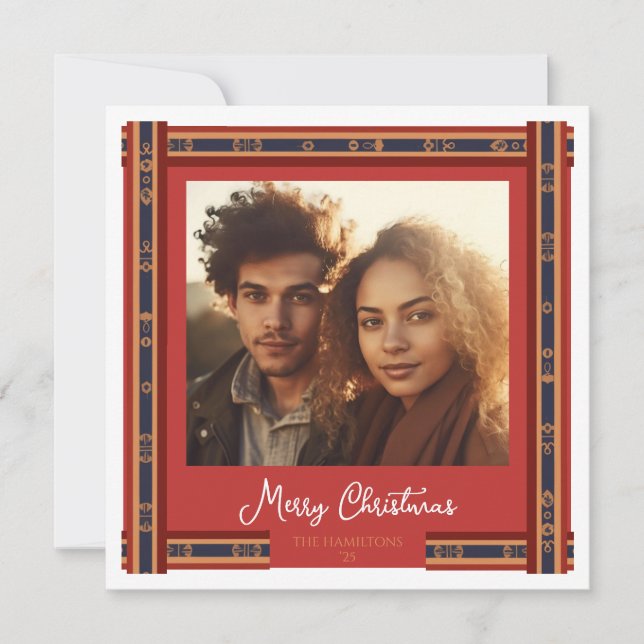 Cartão de Natal de Borda de Fita Vermelha xadrez (Frente)