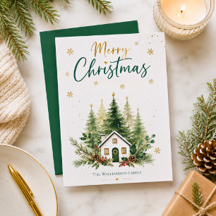 Cartão de Natal de Cabana de Inverno em Aquarela