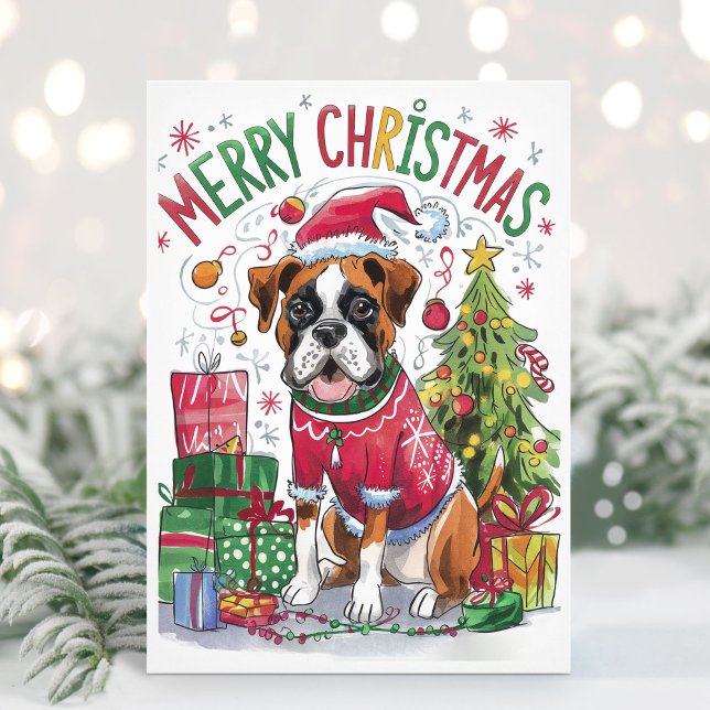 Cartão de Natal de Cachorro Cachorro Aquarela (Boxer Dog Christmas Card)