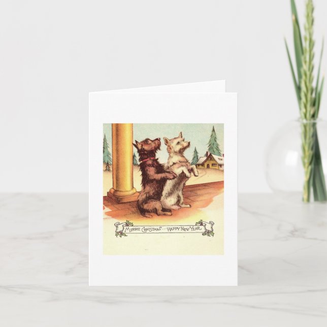 Cartão de Natal de Cães Vintage (Frente)