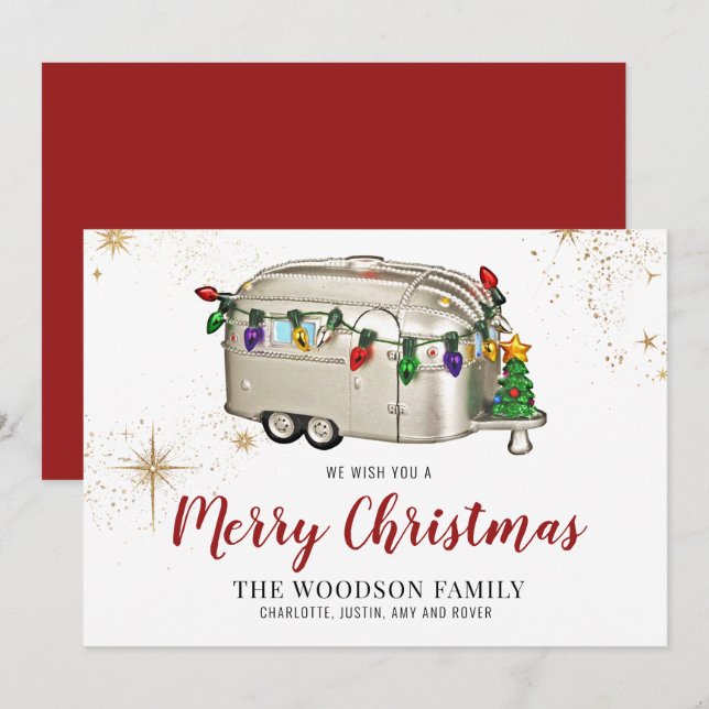 Cartão de Natal de Camper Vintage Prata Vermelho R (Frente/Verso)