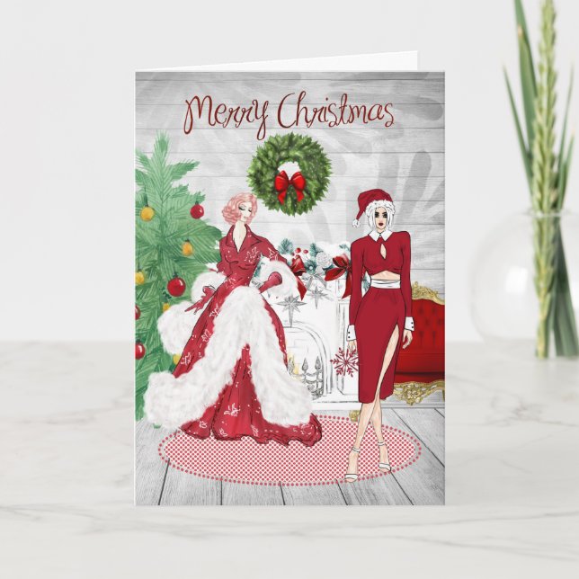 Cartão de Natal de Casal Lésbico Moderno Chic (Frente)