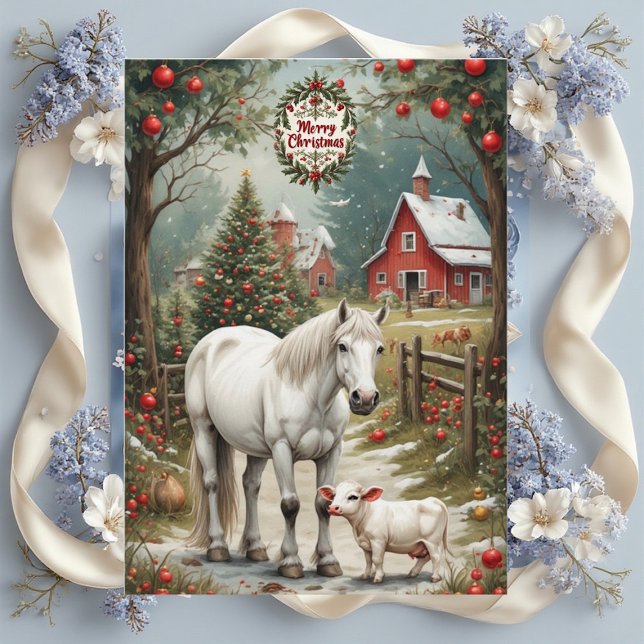 Cartão de Natal de Cavalos de Fazenda Rústica com  (Rustic Farm Horse Red Barn Merry Christmas Card)