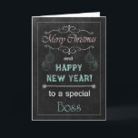 Cartão de Natal de Chalkboard Chefe<br><div class="desc">Trendy Chalkboard cartão de Natal para seu chefe. Ele apresenta um quadro,  texto de giz e ornamentos. (O cartão não é um quadro ou giz de verdade. Ele só aparece assim.) Design ©2013 Cartões de Sentimentos Kreativos por Sherry Harris</div>
