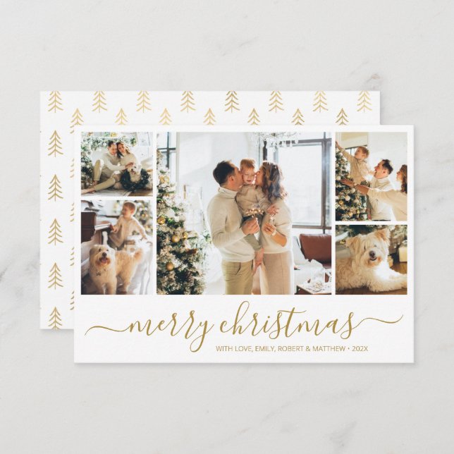 Cartão de Natal de Colagem Branca Dourada Moderna (Frente/Verso)