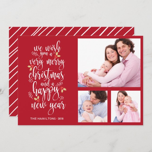 Cartão de Natal de Colagem de Fotos 3 Fotos (Frente/Verso)