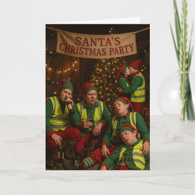 Cartão de Natal de construção - elfos bêbados! (Frente)