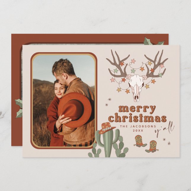 Cartão de Natal de Copta de Cowboy Retro-Cactus (Frente/Verso)