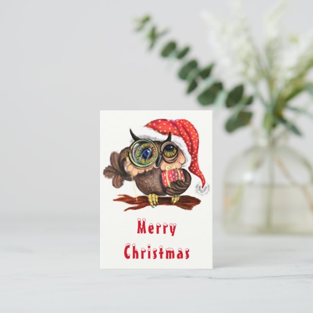 Cartão de Natal de Coruja Bebê Fofa com Presente (Em pé/Frente)