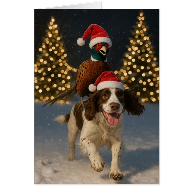 Cartão de Natal de faisão montando Springer Spanie (Frente)