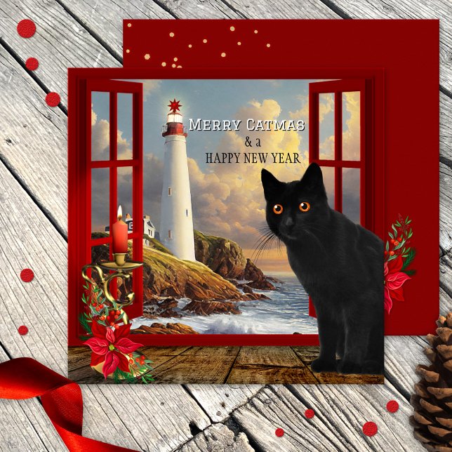 Cartão de Natal de Farol de Gato Bonito (Cute black cat Christmas and New Year card with a room with a view of  a lighthouse and ocean)