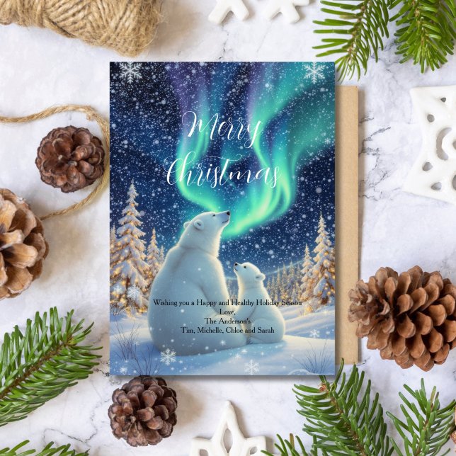 Cartão de Natal de Feriado de Urso Polar Luzes do  (Northern Lights Polar Bears Winter Holiday Christmas Greeting Card. Printed or Digital Download)