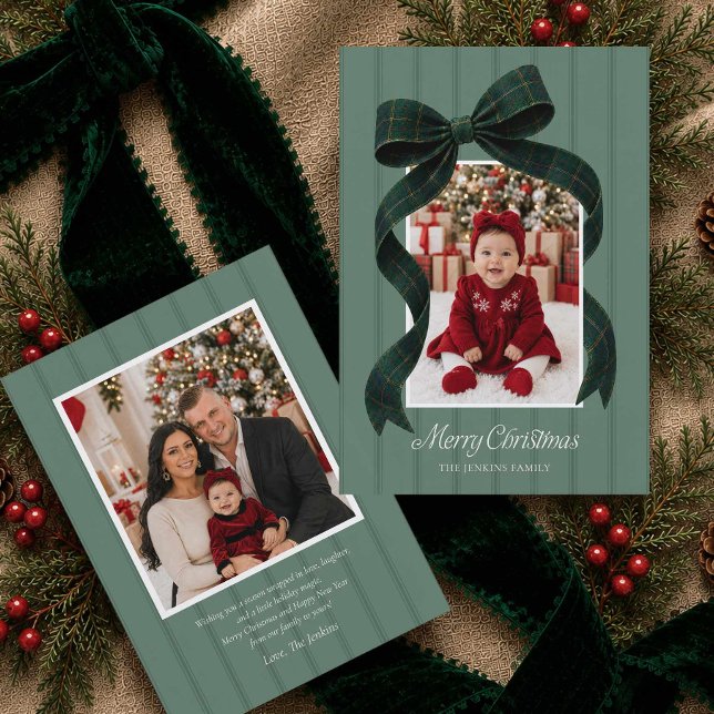 Cartão de Natal de Férias com Laço Xadrez Verde 2  (Green Merry Christmas Photo Greeting Card)