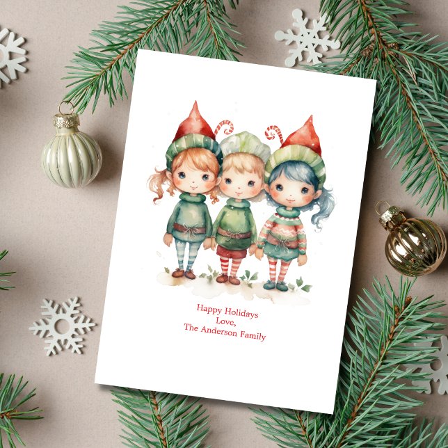 Cartão de Natal de Férias de Elfos Personalizados (Three Whimsical Watercolor Elves Christmas Holiday Card. Printed or Digital Instant download)