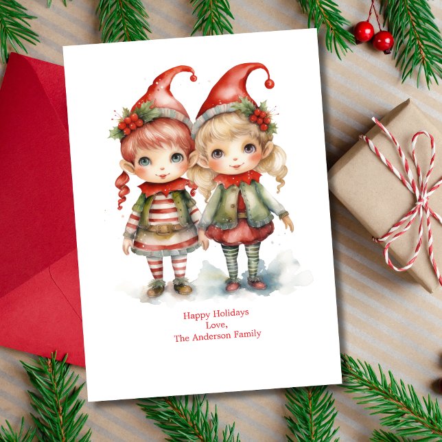 Cartão de Natal de Férias de Elfos Personalizados (Christmas Elves on this holiday card. Two cute elves. Printed or Digital Instant download)