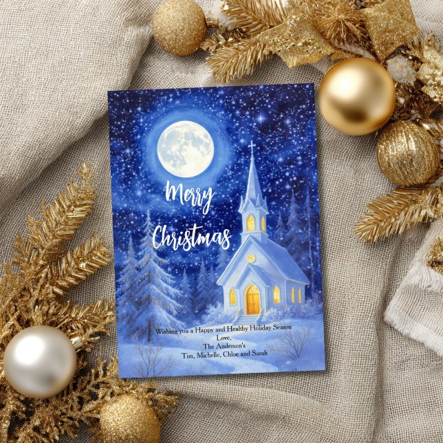 Cartão de Natal de Férias de Snowy Woods (Country Church in Snowy Woods Christmas Holiday greeting card. Printed or Digital download)
