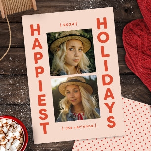 Cartão de Natal de Férias Fotográficas Rosa e Verm