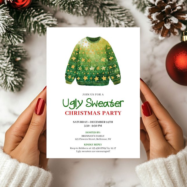 Cartão de Natal de Festa com Suéter Feio e Diverti (Modern Funny Ugly Sweater Xmas Party Card)