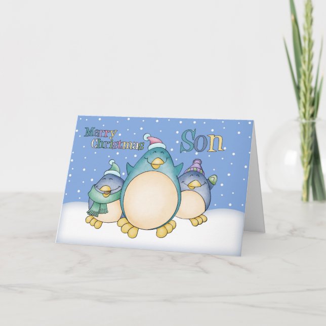 Cartão De Natal De Filho Com Pinguins (Frente)