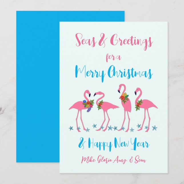 Cartão de Natal de Flamingos Mar e Saudações (Frente/Verso)