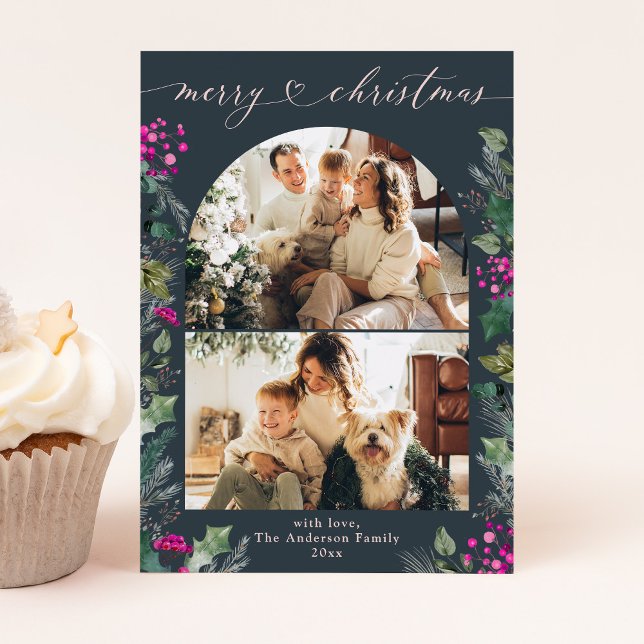 Cartão de Natal de Folhagem Azul-Rosa Boho Chic (Criador carregado)