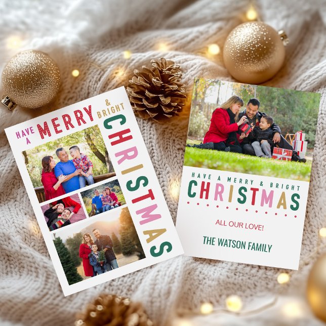 Cartão de Natal de Foto Brilhante e feliz (Festive Merry and Bright Photo Christmas Card with 5 Horizontal Photos)