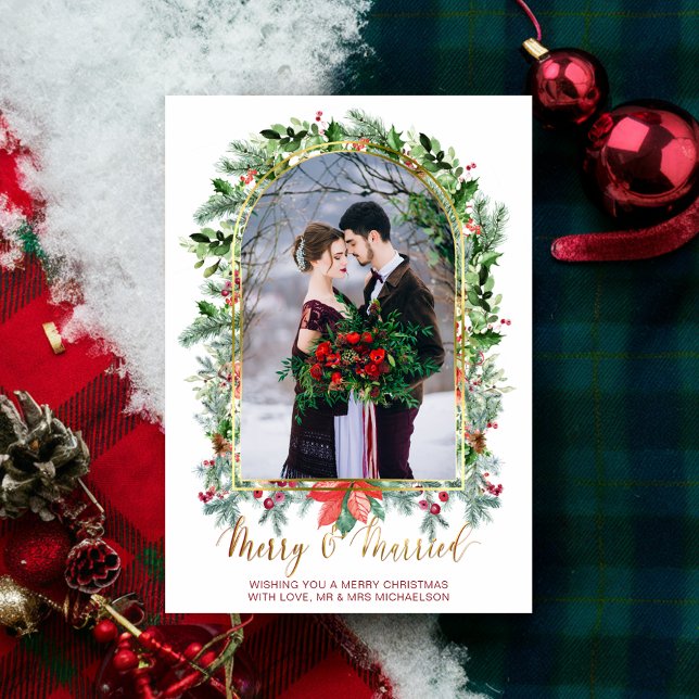 Cartão de Natal de Foto casado e Feliz recém-casad (Married and Merry Newlywed Photo Christmas Card)