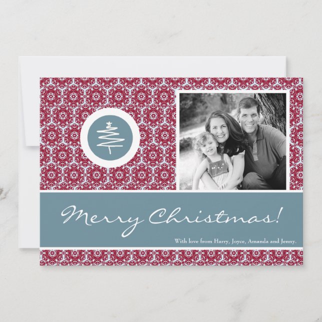 Cartão de Natal de FOTO de Árvore Azul Vermelho 5x (Frente)