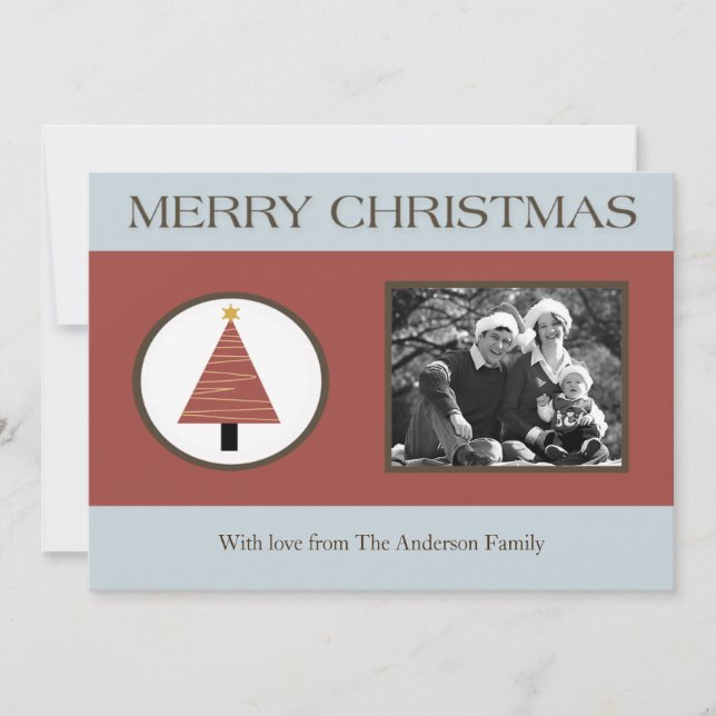 Cartão de Natal de FOTO de Árvore Azul Vermelho 5x (Frente)