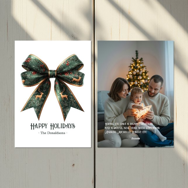 Cartão de Natal de Foto de Férias com Laço Verde E (Elegant Green Bow Holiday Photo Holiday Card)