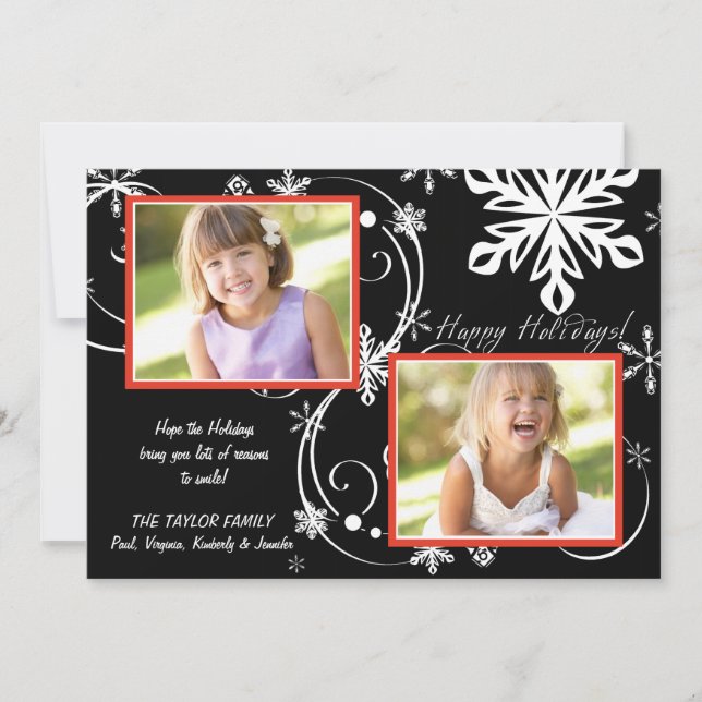Cartão de Natal de Foto - Preto com Flocos de Neve (Frente)