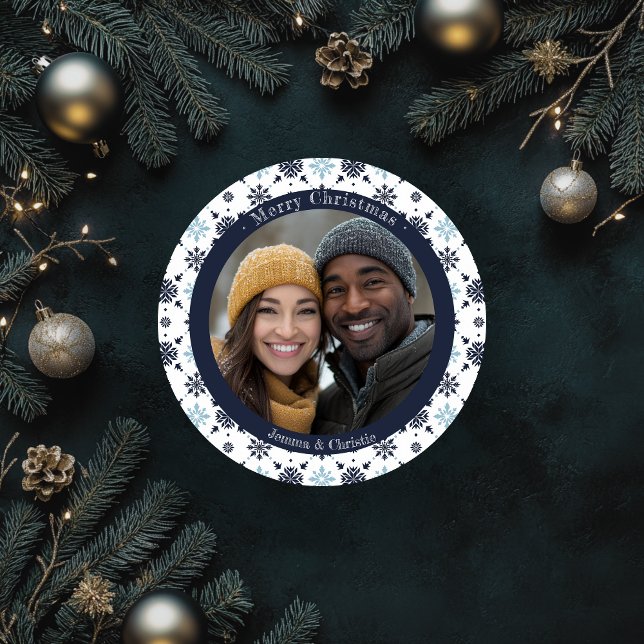 Cartão de Natal de Foto Simples com Floco de Neve  (Round Christmas Blue and White Snowflake Photo Holiday Card)