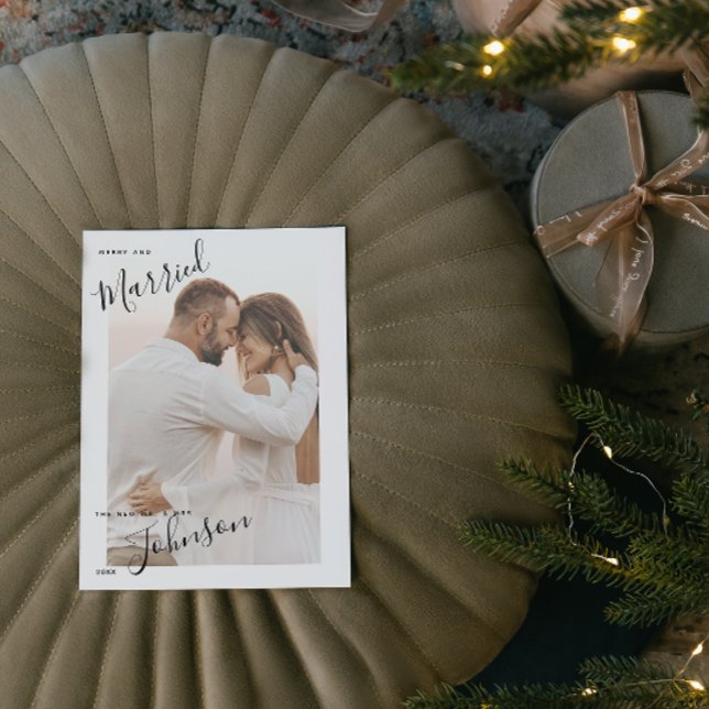 Cartão de Natal de Fotografia do Nome do Script de (Married & Merry: Celebrating Love This Christmas 🎄❤️)