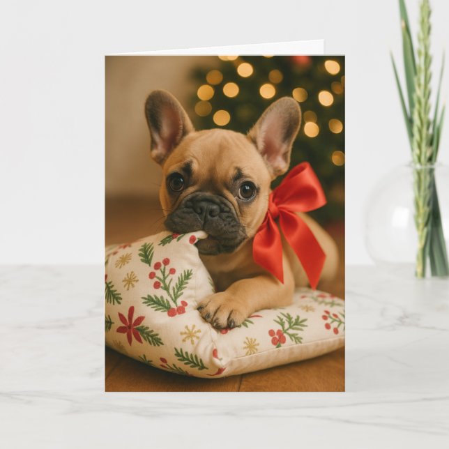 Cartão de Natal de Frenchie – Cachorrinho no Trave (Frente)