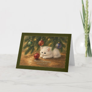 Cartão de Natal de Gatinho Branco Debaixo da Árvor