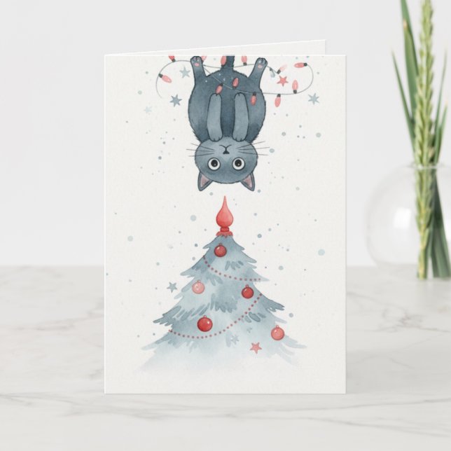 Cartão de Natal de Gatinho de Cabeça para Baixo (Frente)
